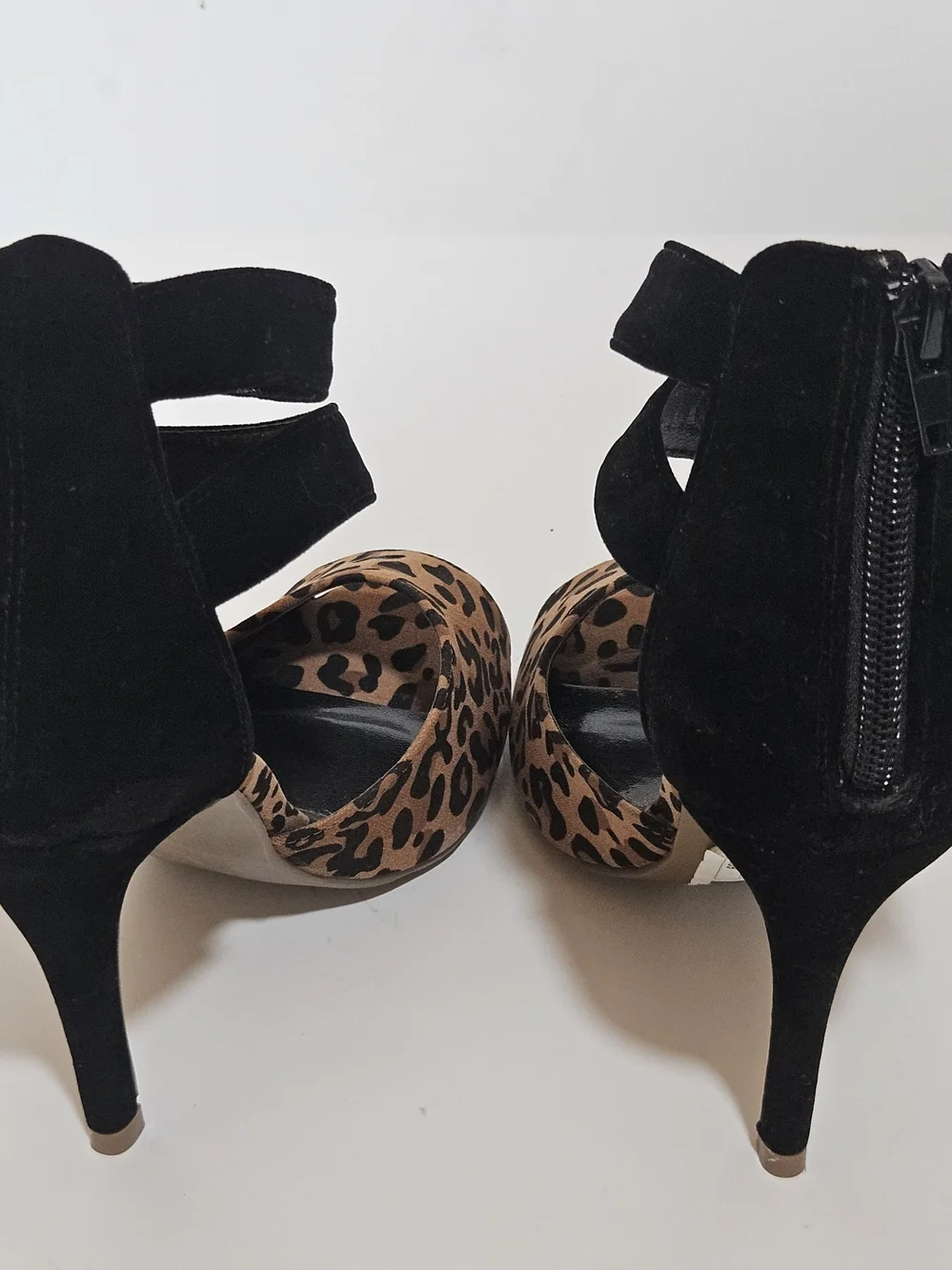 LILIANA Leopard & Black Buckle Ankle Strap Peep-Toe Stiletto Heels (Size 7.5)